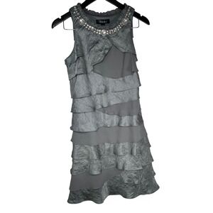 S.L. Fashions Tiered Ruffle Dress Womens 14 Grey Metallic Jeweled Cocktail Party